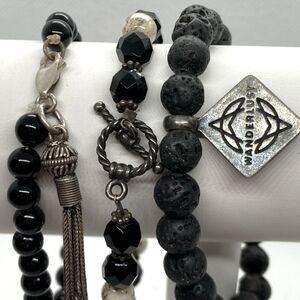 Vintage Lot of 3 Black Beaded Bracelets Sterling 925 Silver 7''-8'' 46g Lava‎